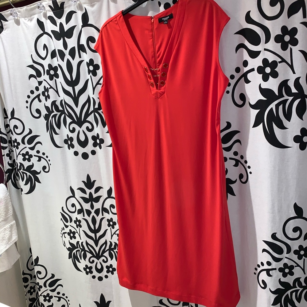 Premise Orange Gold Chain V-Neck Sleeveless Shift